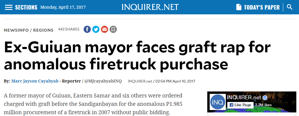 MAYOR GONZALES, 2017 MOST OUTSTANDING MAYORMedia Revives Story on 2007 Firetruck Procurement Anomaly
