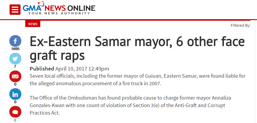 MAYOR GONZALES, 2017 MOST OUTSTANDING MAYORMedia Revives Story on 2007 Firetruck Procurement Anomaly