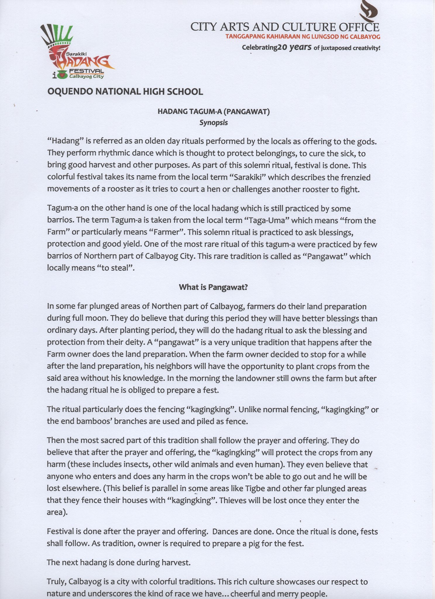 CALBAYOG’S SARAKIKI HADANG FESTIVAL: ON ITS 21ST YEAR  OF CELEBRATING MUSIC AND THE ARTS IN HONOR OF OUR LADY OF NATIVITY
