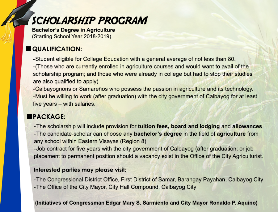 CALBAYOG OPENS SCHOLARSHIP PROGRAM FOR COLLEGE DEGREE IN AGRICULTURE