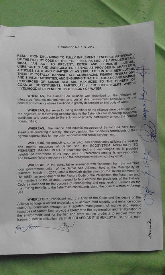 SAMAR SEA ALLIANCE SIGNS COMMITMENT TO UNIFIED FISHERY CODE ENFORCEMENT;Commercial Fishers Banned in Almost All of Samar Sea Area