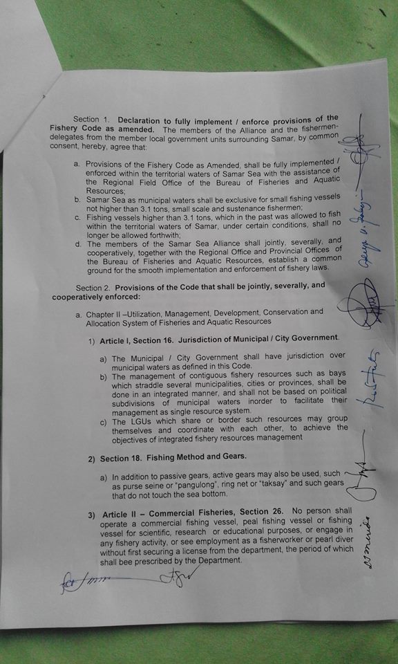SAMAR SEA ALLIANCE SIGNS COMMITMENT TO UNIFIED FISHERY CODE ENFORCEMENT;Commercial Fishers Banned in Almost All of Samar Sea Area