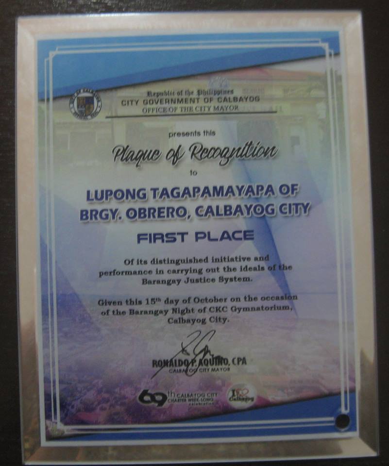 CALBAYOG’S BARANGAY OBRERO LUPONG TAGAPAMAYAPA - DILG INCENTIVES AWARDS REGIONAL WINNER; REPRESENTS EV TO NAT’L LEVEL