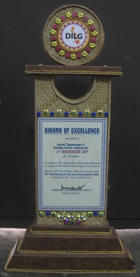 CALBAYOG’S BARANGAY OBRERO LUPONG TAGAPAMAYAPA - DILG INCENTIVES AWARDS REGIONAL WINNER; REPRESENTS EV TO NAT’L LEVEL