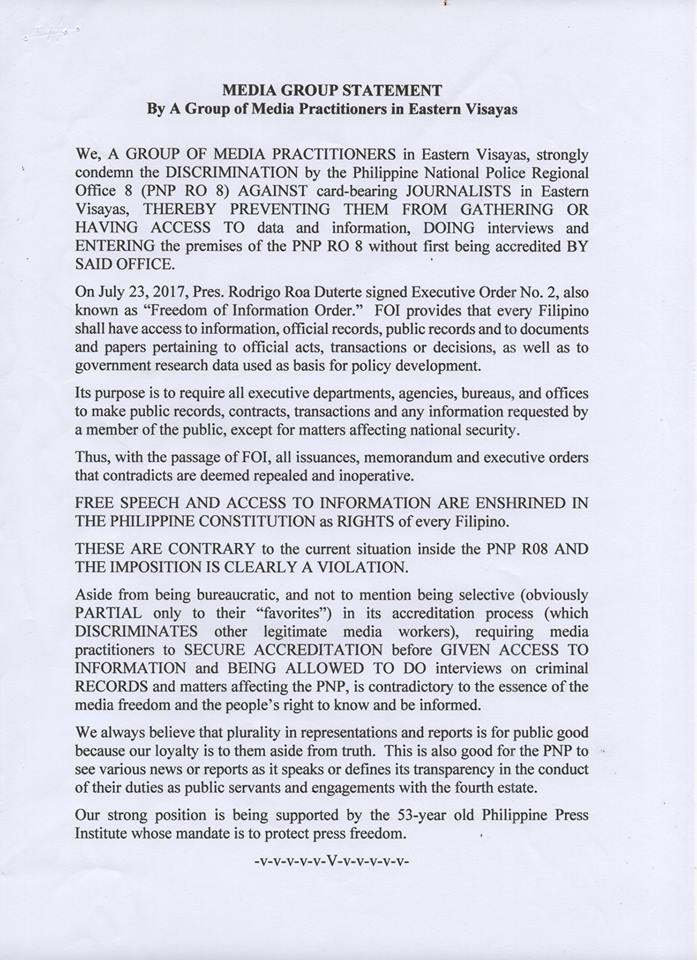 MEDIA GROUP STATEMENT RELEASED AGAINST PNP RO 8 PRESS FREEDOM VIOLATION