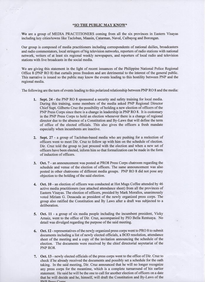MEDIA GROUP STATEMENT RELEASED AGAINST PNP RO 8 PRESS FREEDOM VIOLATION