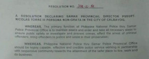 CALBAYOG CITY COUNCIL DECLARES SAMAR POLICE PROVINCIAL DIRECTOR AS “PERSONA NON-GRATA”