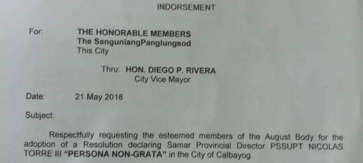 CALBAYOG CITY COUNCIL DECLARES SAMAR POLICE PROVINCIAL DIRECTOR AS “PERSONA NON-GRATA”
